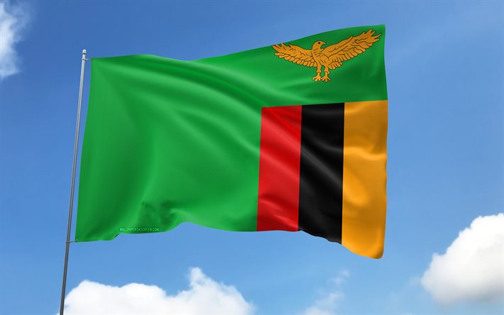 bandeira da zâmbia no mastro, 4k, países africanos, céu azul, bandeira da zâmbia, bandeiras de cetim onduladas, símbolos nacionais da zâmbia, mastro com bandeiras, dia da zâmbia, áfrica, zâmbia