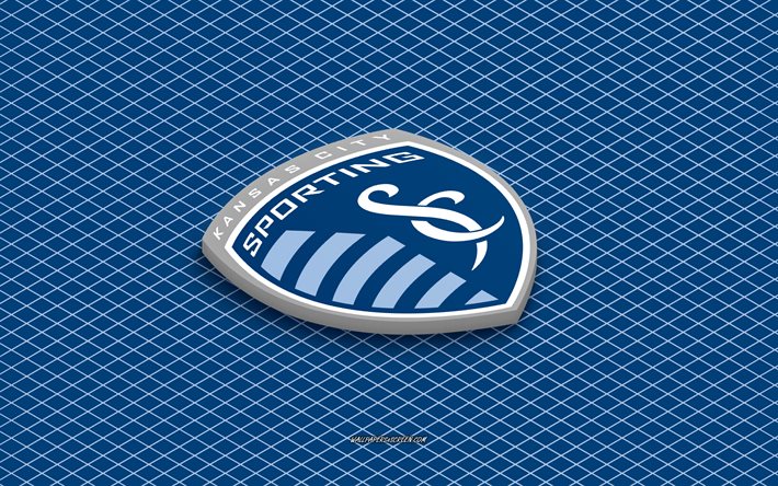 4k, Sporting Kansas City isometric logo, 3d art, American soccer club, isometric art, Sporting Kansas City, blue background, MLS, USA, soccer, isometric emblem, Sporting Kansas City logo