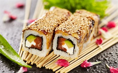 unagi, 4k, makro, asiatisk mat, sushi, rullar, snabbmat, japansk mat, unagi rullar, bild med sushi