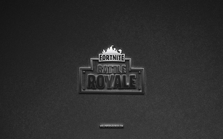 fortnite battle royale  logo, tuotemerkit, harmaa kivi tausta, fortnite battle royale  tunnus, suosittuja logoja, fortnite battle royale, metalliset merkit, fortnite battle royale  metallilogo, kivinen rakenne