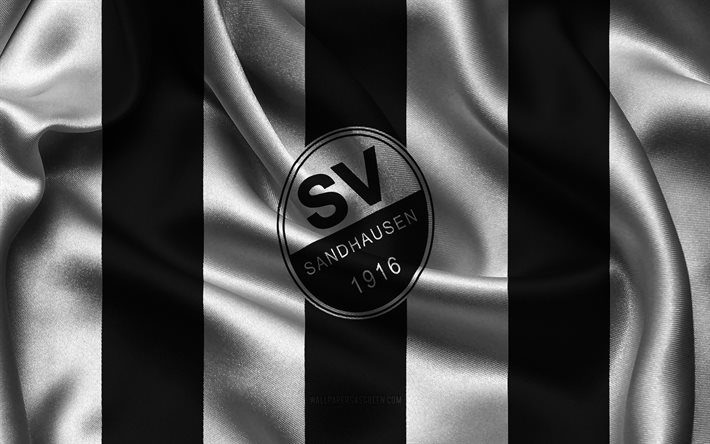 4k, sv サンドハウゼンのロゴ, ホワイト ブラック シルク生地, ドイツのサッカー チーム, svザントハウゼンのエンブレム, 2 ブンデスリーガ, sv サンドハウゼン, ドイツ, フットボール, svザントハウゼンの旗