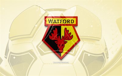Watford FC glossy logo, 4K, yellow football background, EFL Championship, soccer, english football club, Watford FC emblem, Watford FC, football, sports logo, Watford FC logo, Watford