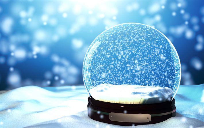 glass bowl, 4k, winter, snowfall, snowdrifts, 3D art, creative, glass sphere