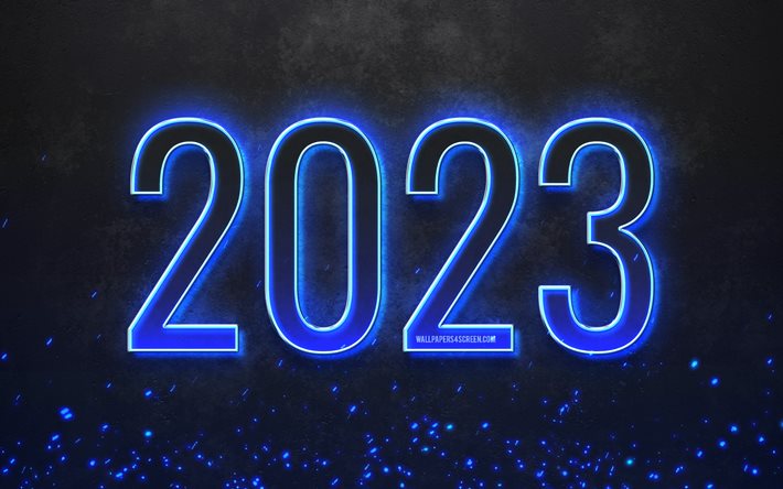 새해 복 많이 받으세요 2023, 4k, 진한 파란색 네온 불빛, 회색 돌 배경, 2023년 컨셉, 2023 새해 복 많이 받으세요, 네온 아트, 창의적인, 2023 돌 배경, 2023년, 2023 진한 파란색 숫자