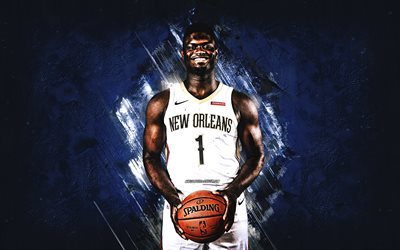 Zion Williamson, New Orleans Pelicans, portrait, blue stone background, NBA, American basketball player, USA, basketball