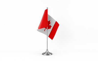 4k, kanadan pöytälippu, valkoinen tausta, kanadan lippu, kanadan lippu metallitikulla, kansalliset symbolit, kanada