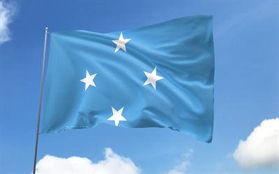 Micronesia flag on flagpole, 4K, Oceanian countries, blue sky, flag of Micronesia, wavy satin flags, Micronesian flag, Micronesian national symbols, flagpole with flags, Day of Micronesia, Oceania, Micronesia flag, Micronesia