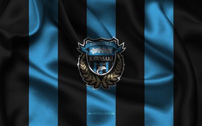4k, logotipo de kawasaki frontale, tela de seda negra azul, equipo de fútbol japonés, emblema kawasaki frontale, liga j1, kawasaki frontal, japón, fútbol, bandera kawasaki frontale