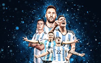 Argentina national football team, 4k, blue neon background, Lionel Messi, Lautaro Martinez, Paulo Dybala, Lisandro Martinez, Julian Alvarez, blue abstract background, football, Qatar 2022, Argentina