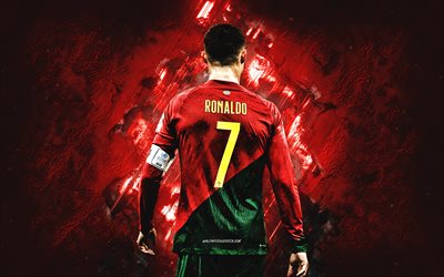 cristiano ronaldo, cr7, portugalin jalkapallomaajoukkue, cristiano ronaldo takaapäin, punainen kivi tausta, jalkapallon maailmantähti, ronaldo lähtee, portugali, jalkapallo