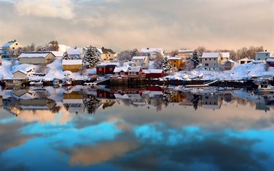 kış, göl, ev, yansıma, Lofoten, Norveç