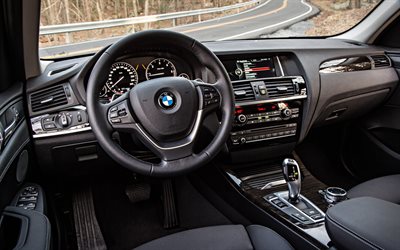 BMW X3 F25, en 2016, de l'intérieur, le noir, le cuir, l'aluminium