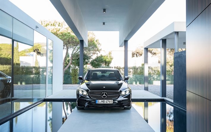 front view, 2017, Mercedes E43, house, AMG, E-class, sedans, black Mercedes