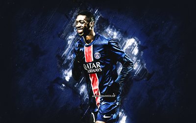 ousmane dembele, paris saint germain, calciatore francese, sfondo di pietra blu, grunge art, ligue 1, francia, calcio, ousmane dembele psg