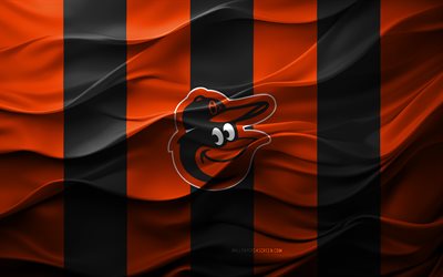 4k, baltimore orioles logosu, turuncu siyah 3d arka plan, baltimore orioles amblemi, amerikan beyzbol takımı, baltimore orioles bayrağı, 3d doku, mlb, amerika, baltimore orioles, beyzbol, major league beyzbol