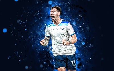 alessio romagnoli, 4k, luci al neon blu, lazio fc, serie a, calciatori italiani, alessio romagnoli 4k, lazio, calcio, ss lazio, alessio romagnoli lazio