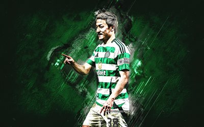 Daizen Maeda, Celtic FC, Japanese football player, striker, green stone background, grunge art, Scotland, football, Daizen Maeda Celtic