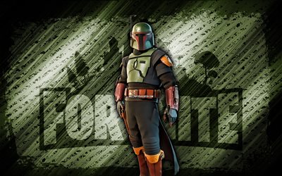 boba fett fortnite, 4k, fondo diagonal verde, arte grune, fortnita, obra de arte, piel de boba fett, personajes de fortnite, boba fett, fortnite boba fett skin