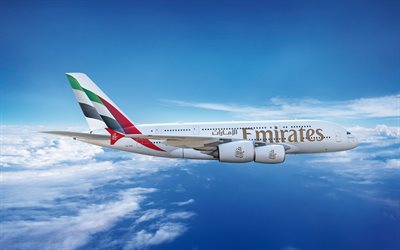 4k, airbus a380, cielo blu, emirates, piani passeggeri, viaggi aerei, a380, aviazione civile, vola meglio, trasporto passeggeri, airbus, aviazione