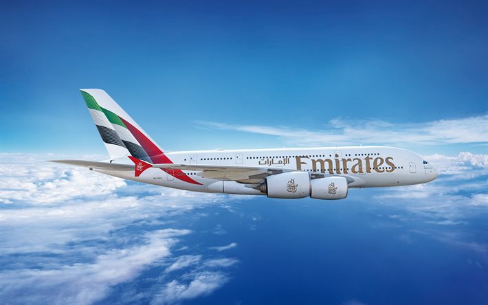 4k, airbus a380, cielo blu, emirates, piani passeggeri, viaggi aerei, a380, aviazione civile, vola meglio, trasporto passeggeri, airbus, aviazione