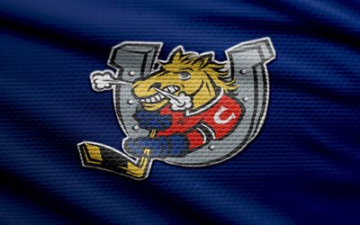 barrie colts 패브릭 로고, 4k, 파란색 직물 배경, 오, 보케, 하키, 배리 콜츠 로고, 배리 콜츠 엠블럼, 캐나다 하키 클럽, 배리 콜츠