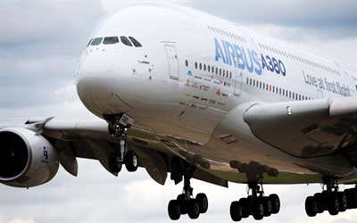 airbus a380, 4k, fechar se, aviões de passageiros, aterrissagem plana, viagens aéreas, a380, aviação civil, voar melhor, transporte de passageiros, airbus, aviação