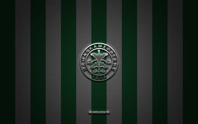 Hamarkameratene logo, Norwegian football team, Eliteserien, green white carbon background, Hamarkameratene emblem, football, Hamarkameratene, Norway, Hamarkameratene FC, HamKam