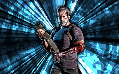 4k, Terminator, Mortal Kombat, blue rays background, MKM, abstract art, Mortal Kombat Mobile, Terminator MKM, Mortal Kombat characters, Mortal Kombat X, Terminator Mortal Kombat, creative art