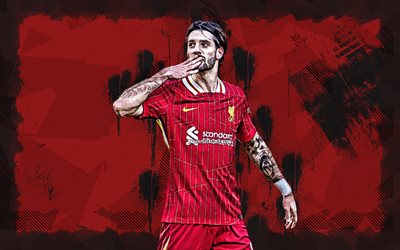 4k, Dominik Szoboszlai, red grunge background, Liverpool FC, Premier League, hungarian footballers, Dominik Szoboszlai 4K, football, soccer, LFC, Dominik Szoboszlai Liverpool