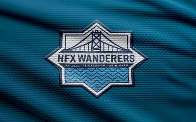 hfx gezginler fc kumaş logosu, 4k, mavi kumaş arka plan, kanada premier ligi, bokh, futbol, hfx wanderers fc logosu, cpl, hfx wanderers fc amblemi, halifax gezginleri, kanada futbol kulübü, hfx wanderers fc