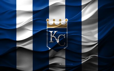4k, kansas city royals logosu, mavi beyaz 3d arka plan, kansas city royals amblemi, amerikan beyzbol takımı, kansas city royals bayrağı, 3d doku, mlb, amerika, kansas city royals, beyzbol, major league beyzbol