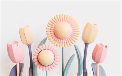 fiori 3d, 4k, tulipani, opera d'arte, sfondi floreali, creativo, sfondo con fiori, un fiore 3d, fiori colorati, sfondi grigi