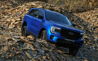 4k, フォードエベレストスポーツ, 石, 2025車, suv, 未舗装道路, 過激, ブルーフォードエベレスト, 2025フォードエベレスト, アメリカの車, フォード