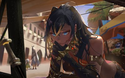 4k, dehya, occhi azzurri, impatto di genshin, personaggi anime, opera d'arte, personaggi di genshin impact, la leonessa e il sole ardente, dehya genshin impact