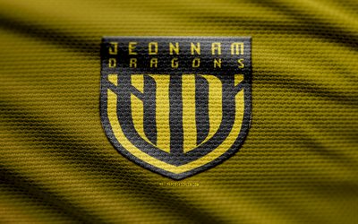 Jeonnam Dragons fabric logo, 4k, yellow fabric background, K League 2, bokeh, soccer, Jeonnam Dragons logo, football, Jeonnam Dragons emblem, Jeonnam Dragons, south korean football club, Jeonnam Dragons FC