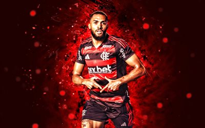 Juninho, 4k, red neon lights, Flamengo FC, Brazilian Serie A, brazilian footballers, Juninho 4K, football, soccer, Flamengo RJ, Flamengo, Juninho Flamengo