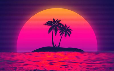 4k, palm trees on island, gradient moon, abstract landscapes, creative, abstract nightscapes, island, palm trees, retrowave, artwork, moon
