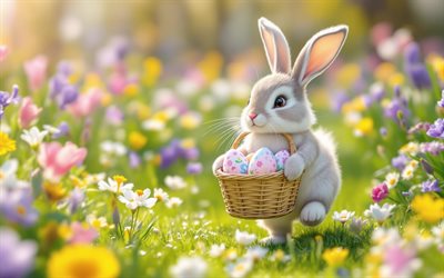 bunny with easter eggs, easter bunny, happy easter, easter background, easter eggs, easter template