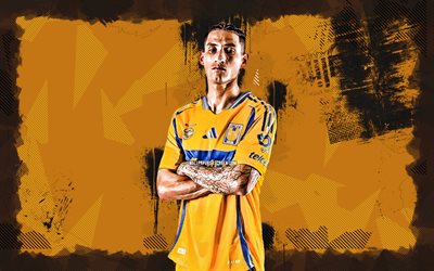 4k, Uriel Antuna, orange grunge background, Tigres UANL, Liga MX, Mexican footballers, Uriel Antuna 4K, football, soccer, El Brujo, Uriel Antuna Tigres, Tigres FC