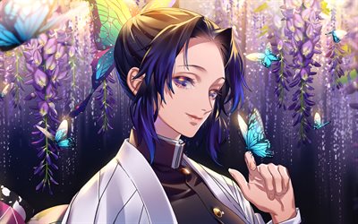 Shinobu Kocho, blue butterflies, Kimetsu no Yaiba, kimono, manga, protagonist, Muichiro, Kochou Shinobu, Demon Slayer, Shinobu Kocho Kimetsu no Yaiba