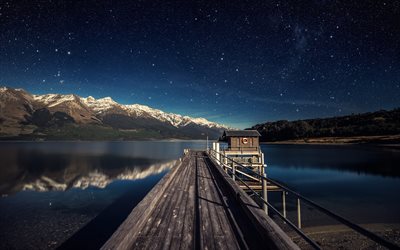 रात, दक्षिण द्वीप, झील Wakatipu, पहाड़ों, न्यूजीलैंड