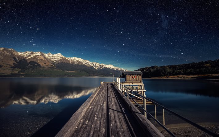 रात, दक्षिण द्वीप, झील Wakatipu, पहाड़ों, न्यूजीलैंड