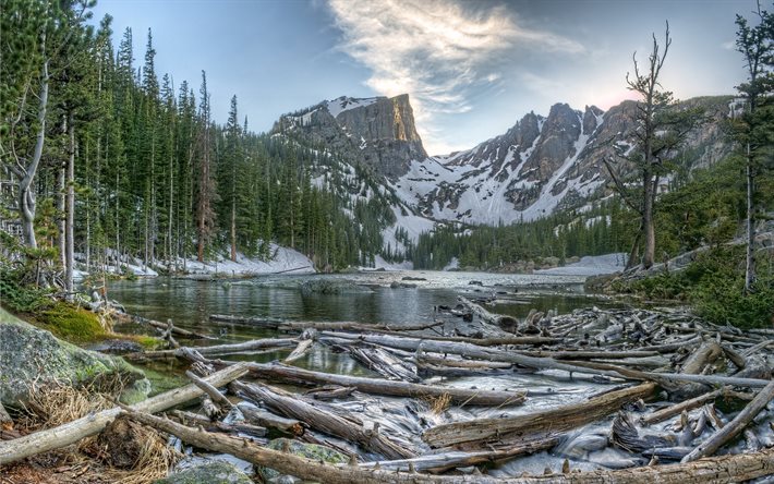 Dream lake, logs, forest, mountains, evening, Rocky mountain National Park, USA, America