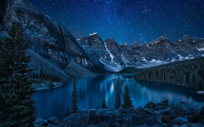 Canada, night, Moraine Lake, starry sky, mountains, Valley of the Ten Peaks, Banff National Park, Alberta