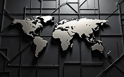 خريطة العالم المعدني, 4k, الفن الرقمي, جدار المصنع, خرائط العالم, خلفية مع خريطة العالم, مبدع, خريطة العالم