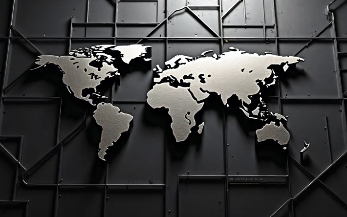 خريطة العالم المعدني, 4k, الفن الرقمي, جدار المصنع, خرائط العالم, خلفية مع خريطة العالم, مبدع, خريطة العالم