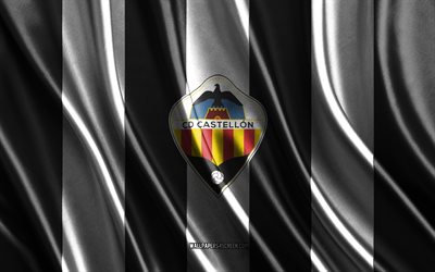 4k, logo cd castellon, divisione segunda, consistenza della seta bianca nera, flag cd castellon, squadra di calcio spagnola, calcio, bandiera di seta, cd castellon emblem, spagna, distintivo cd castellon, cd castellon