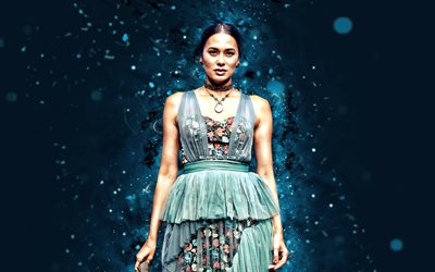 Nidhi Yasha, 4k, blue neon lights, indian designers, beauty, blue dress, costume designers, Bollywood, Nidhi Yasha 4K