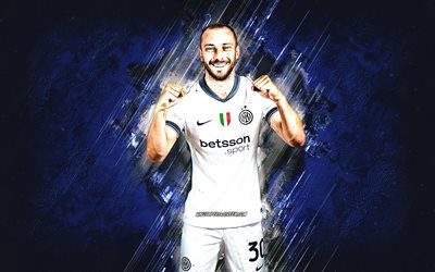 Carlos Augusto, Inter Milan, Internazionale, blue stone background, Brazilian footballer, grunge art, Serie A, Italy, football, Carlos Augusto Inter Milan