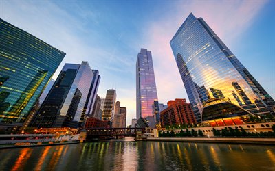 chicago, 4k, coucher de soleil, gratte ciel, bâtiments modernes, centres d'affaires, villes américaines, paysage urbain de chicago, illinois, usa